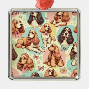 Ornement Carré Argenté Cute Vintage Cocker Spaniel sans couture Motif