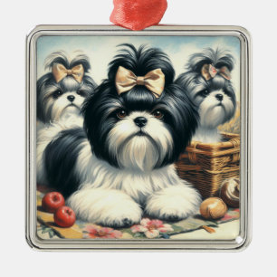Ornement Carré Argenté Cute Vintage peinture Shih-Tzu