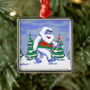 Ornement Carré Argenté Cute yeti christmas in forest