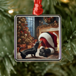 Ornement Carré Argenté Dachshund et Père Noël