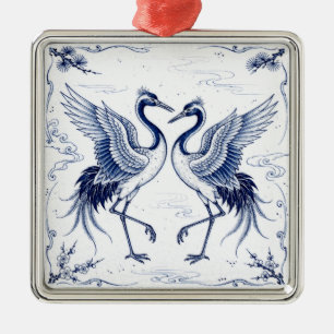 Ornement Carré Argenté Danse de Grue Style Imari Japonaise Bleu Blanc