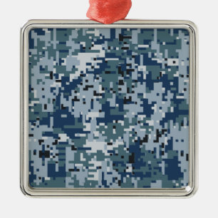 Ornement Carré Argenté Décor Camouflage Pixels numériques bleu marine