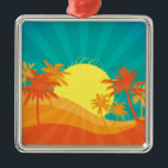 Ornement Carré Argenté Design de surf tropical rétro de Sunset Beach<br><div class="desc">Avec un design d'une plage tropicale rétro au coucher du soleil avec des palmiers. Ce design surf aux couleurs rouge,  orange et jaune rappelle une station balnéaire tropicale en été. Pour les amateurs de soleil,  de surf et de sable et de couchers de soleil tropicaux..</div>