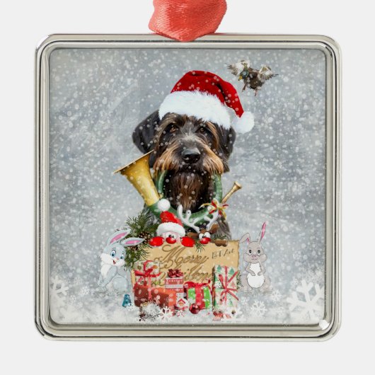 Ornement Carré Argenté Deutsch Drahthaar, Joyeux Noël ! (Devant)