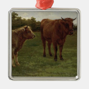 Ornement Carré Argenté Deux vaches debout dans un champ (par Rosa Bonheur