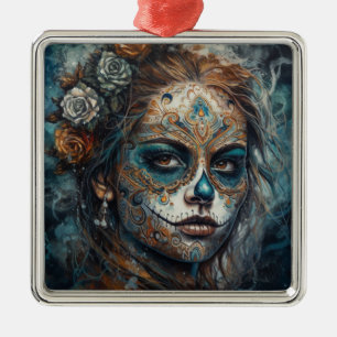 Ornement Carré Argenté Dia de los Muertos visage turquoise peint