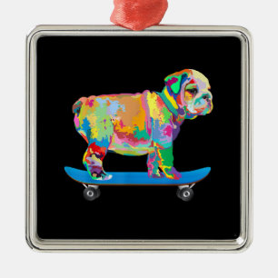 Ornement Carré Argenté Dog   Colorful Cool Bulldog Puppy Skate