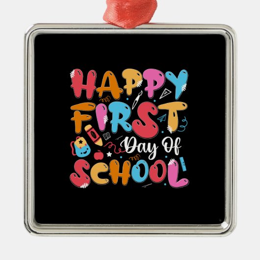 Ornement Carré Argenté Don de l'enseignant | Joyeux Premier Jour D'École (Devant)