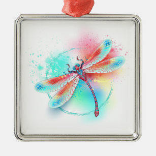 Ornement Carré Argenté Dragonfly rouge sur l'arrière - plan aquarelle