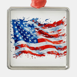 Ornement Carré Argenté Drapeau américain USA Aquarelle 4 juillet