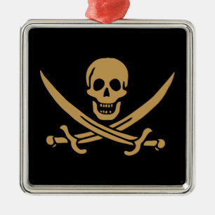 Ornement Carré Argenté Drapeau pirate Crâne et Épées d'or de Calico Jack