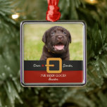 Ornement Carré Argenté Drôle Noël Père Noël Chien photo et nom personnali<br><div class="desc">Célébrez votre chien et la saison des Fêtes avec ce joli ornement d'arbre de Noël avec la photo de votre chien placé au-dessus de la ceinture de Père Noël et le costume rouge. Ajoutez votre texte personnalisé et le nom du chien pour personnaliser. Un saké de vacances qui sera chéri...</div>