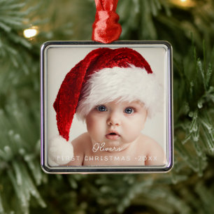 Ornement Carré Argenté Écriture Élégante Ma 1ère Photo de Noël de Bébé