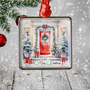 Ornement Carré Argenté Elégant Festive Porte Rouge Joyeux Noël
