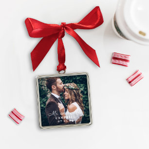 Ornement Carré Argenté Élégant Monogramme photo personnalisé M. et Mme Ma