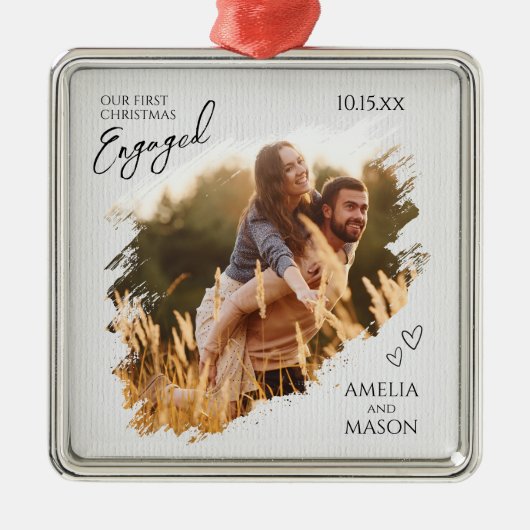 Ornement Carré Argenté Elegant Photo First Christmas Engaged (Devant)