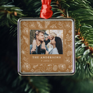 Ornement Carré Argenté Elégant Poinsettias et Pinecones Toffee Photo