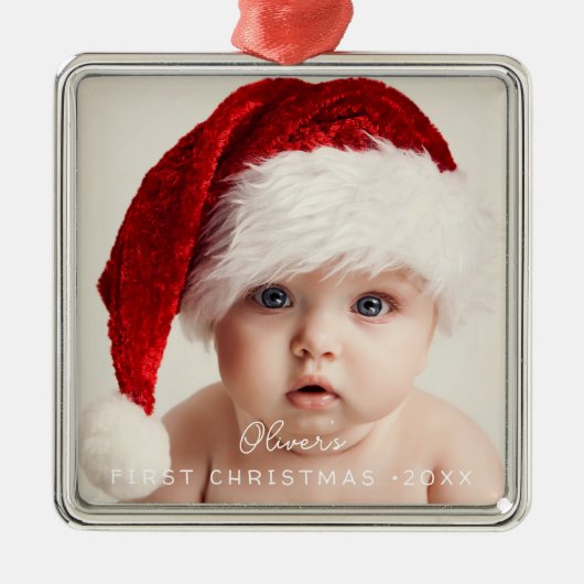 Ornement Carré Argenté Elegant Script My 1st Christmas Baby's Photo (Devant)