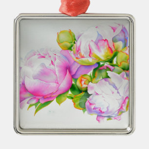 Ornement Carré Argenté Elégante peinture d'aquarelle blanche rose