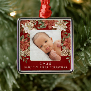Ornement Carré Argenté Élégante Photo de Noël de Bébé Riche Rouge