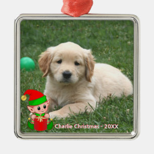Ornement Carré Argenté Elfe mignon et photo de chiot Golden Retriever per