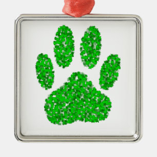 Ornement Carré Argenté Empreinte de patte de chien de feuillage vert