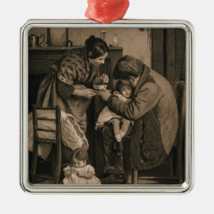 Ornement Carré Argenté Enfant malade soutenu par son père et sa mère