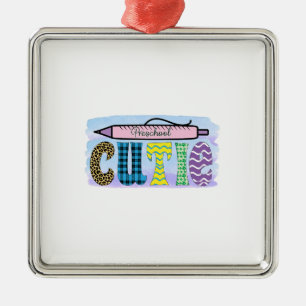 Ornement Carré Argenté Enseignant de la Cutie préscolaire