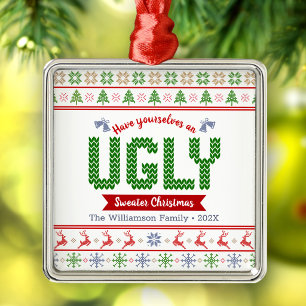 Ornement Carré Argenté Épais pull Noël rouge vert tricoté Ugly Sweater No