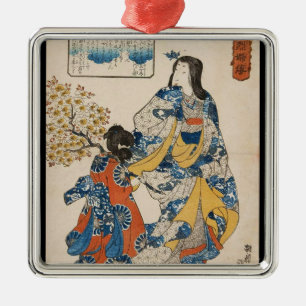 Ornement Carré Argenté Estampe ukiyo-e classique vintage geisha Utagawa