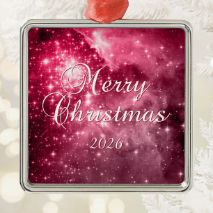 Ornement Carré Argenté Étoiles de framboise Joyeux Noël