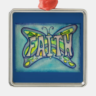 Ornement Carré Argenté Faith Papillon Word Art Cadeau de vacances