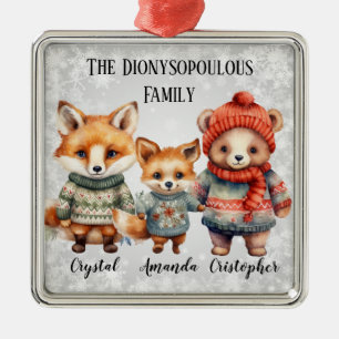Ornement Carré Argenté Famille Animale Boisée D'Hiver Avec Écharpes
