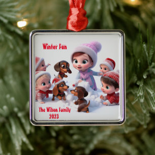 Ornement Carré Argenté Famille Dachshund Winter