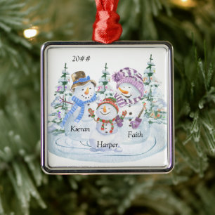 Ornement Carré Argenté Famille de 3 mignons bonhomme de neige Noël person