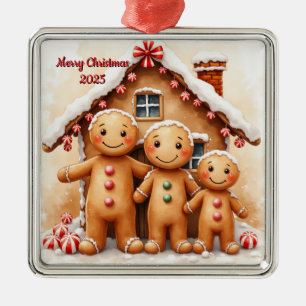 Ornement Carré Argenté Famille de pain d'épice de Noël personnalisé