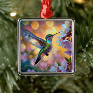 Ornement Carré Argenté Fantaisie de fleurs de cerisier Colibri