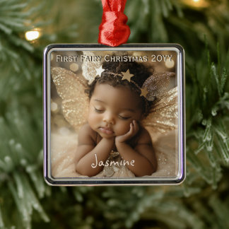 Ornement Carré Argenté Fée de Noël pour bébé personnalisée