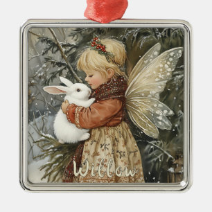 Ornement Carré Argenté Fée de Noël Vintage personnalisée avec lapin