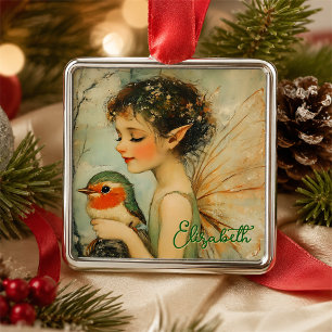 Ornement Carré Argenté Fée de Noël vintage personnalisée avec rouge-gorge