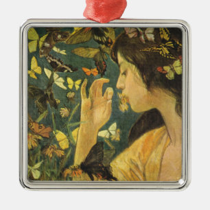Ornement Carré Argenté Femme Élégante Avec De Belles Papillons