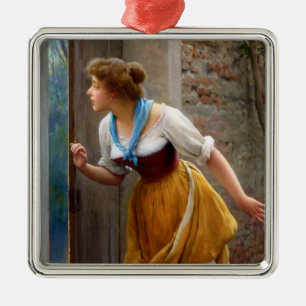 Ornement Carré Argenté Femme qui écoute aux portes (par Eugene de Blaas)