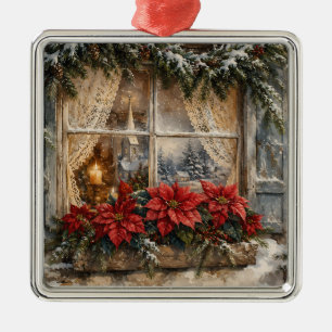 Ornement Carré Argenté Fenêtre de Noël au Poinsettia enneigé