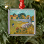Ornement Carré Argenté Ferme en Provence | Vincent van Gogh<br><div class="desc">Ferme en Provence (1888) de l'artiste post-impressionniste néerlandais Vincent Van Gogh. L'oeuvre d'origine est une huile sur toile peignant le paysage en jaune doré et bleu aqua. Utilisez les outils de conception pour ajouter du texte personnalisé ou personnaliser l'image.</div>