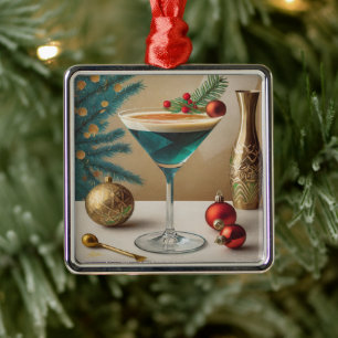 Ornement Carré Argenté Fête de cocktail de Noël du milieu du siècle Happy