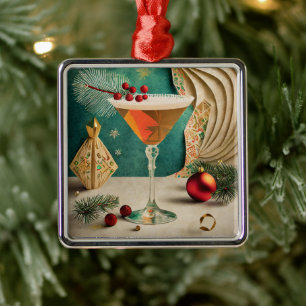 Ornement Carré Argenté Fête de cocktail de Noël du milieu du siècle Happy