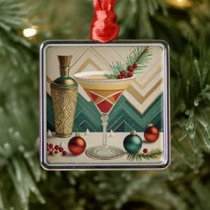 Ornement Carré Argenté Fête de cocktail de Noël du milieu du siècle Happy