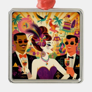 Ornement Carré Argenté Fête de Cocktail Mardi Gras du Milieu du Siècle