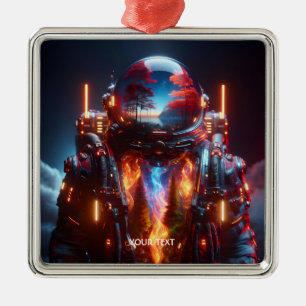 Ornement Carré Argenté Feu de paysage d'astronautes mignons Imaginaire