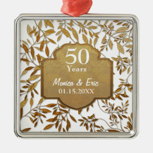 Ornement Carré Argenté Feuilles d'or 50e anniversaire Mariage